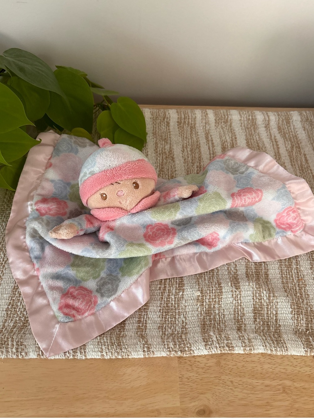 Douglas Babydoll Plush Pink Floral Satin Trim Lovey Security Blanket #1410